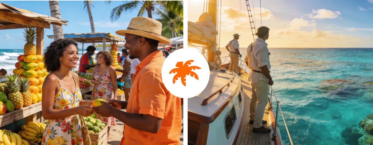 A Caribbean fruit market and a sailing boat on clear water